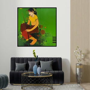 Anand Panchal's 'Untitled 5' painting visualized above a sofa in a contemporary room.