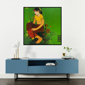 'Untitled 5' painting by Anand Panchal shown on a wall in a furnished room.