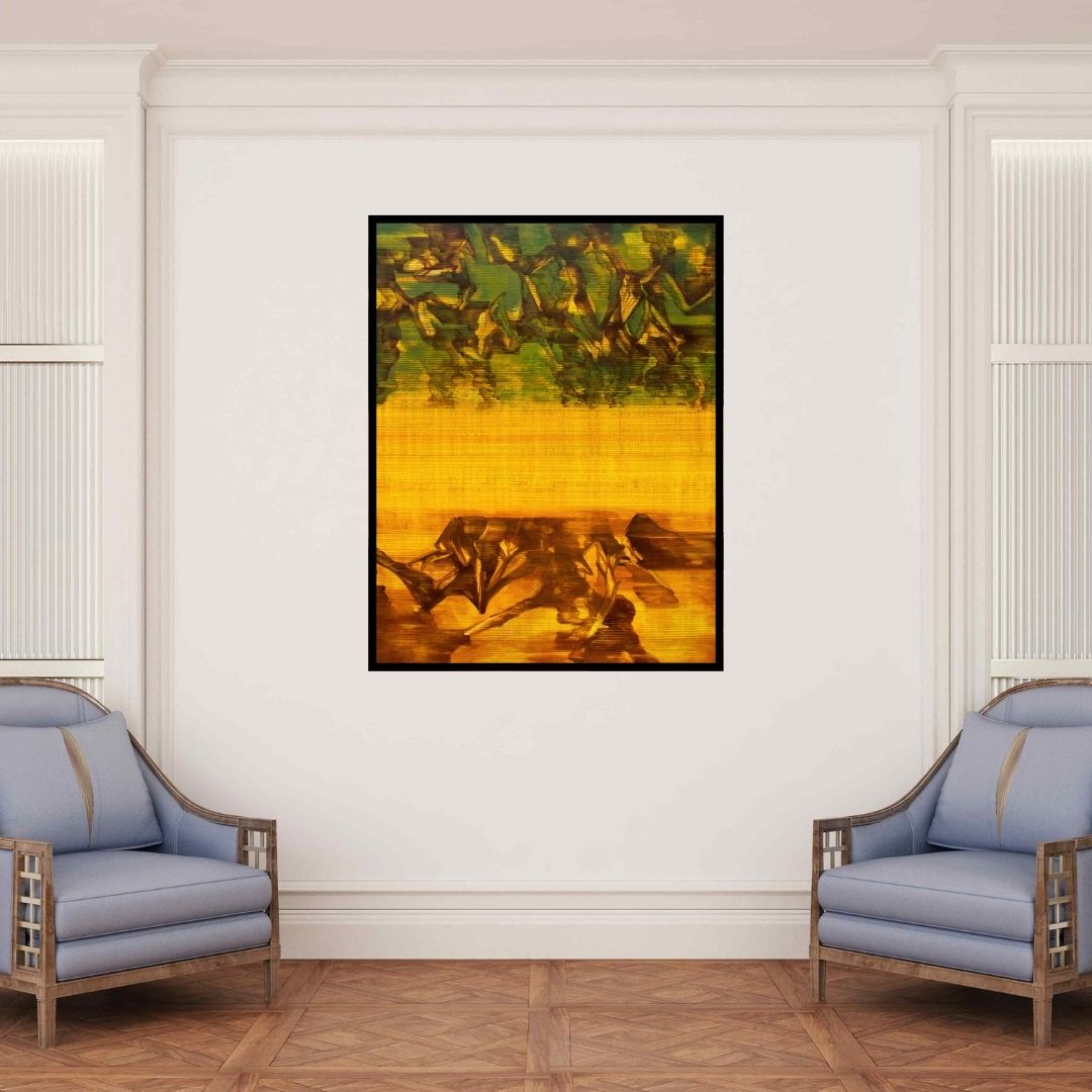 In-situ view of Chandan Bhowmick's 'Untitled 5 (Golden Horizon)' painting in a room