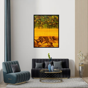 Preview of 'Untitled 5 (Golden Horizon)' Painting by Chandan Bhowmick shown on a wall in a furnished room.