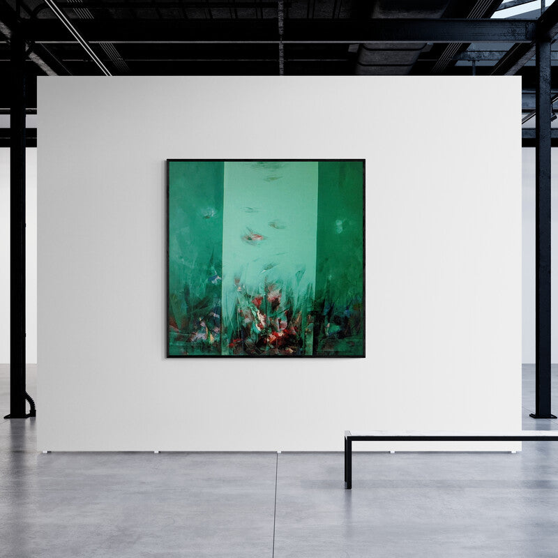 Preview of 'Untitled 5 (Verdant Visions)' Painting by Vasant Sonavani shown on a wall in a furnished room.