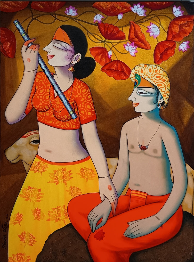 Untitled 5' figurative acrylic painting by artist Pravin Utge, 40x30 inch, on canvas