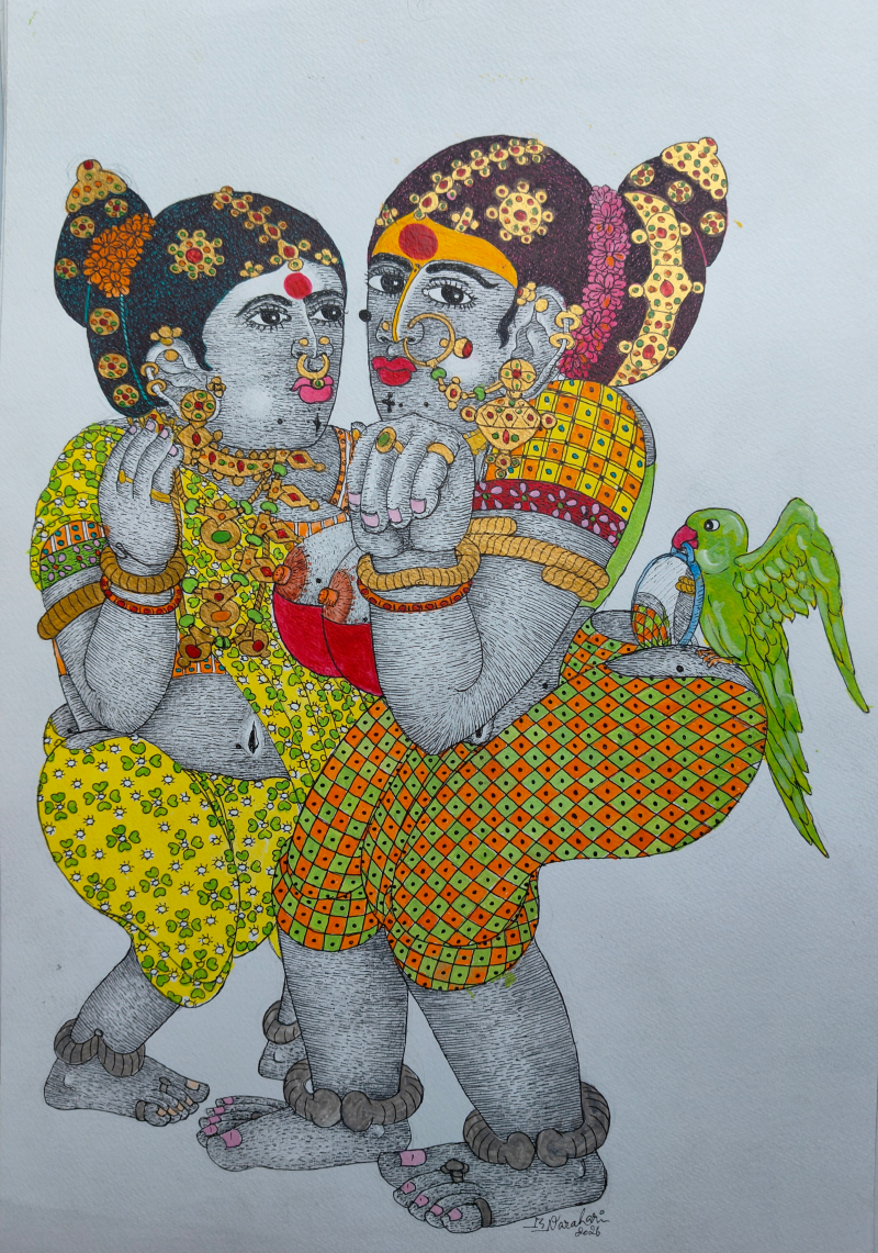 Untitled 5' figurative acrylic painting by artist Bhawandla Narahari, 30x15 inch, on paper