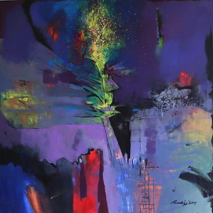 Untitled 5' contemporary acrylic painting by artist Pradip Sengupta, 56x56 inch, on canvas