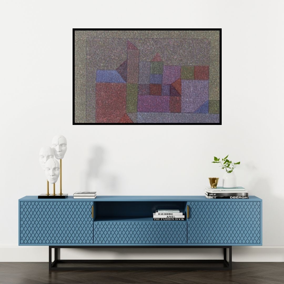 Preview of 'Untitled 5 (Abstract Cityscape)' Painting by Ganesh Chavan shown on a wall in a furnished room.