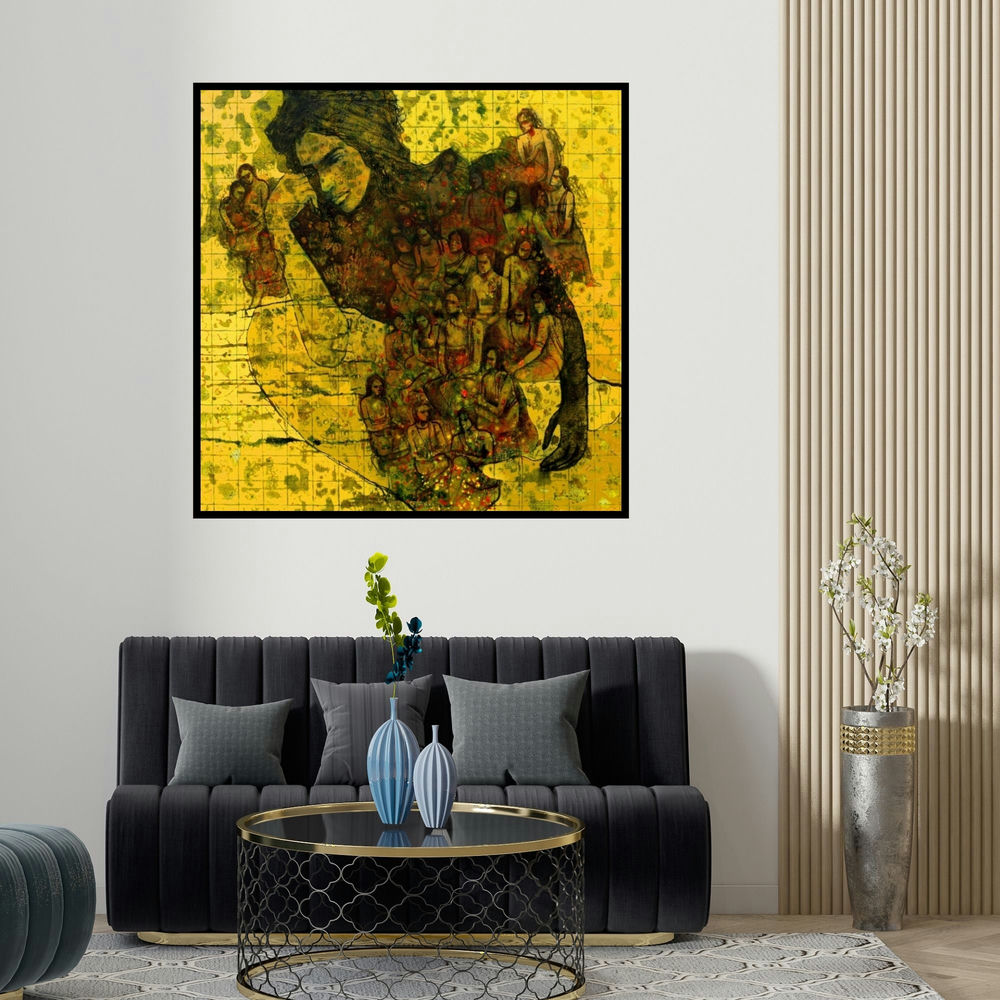 Swati Sable's 'Untitled 5 (Figure with Group)' painting visualized above a sofa in a contemporary room.