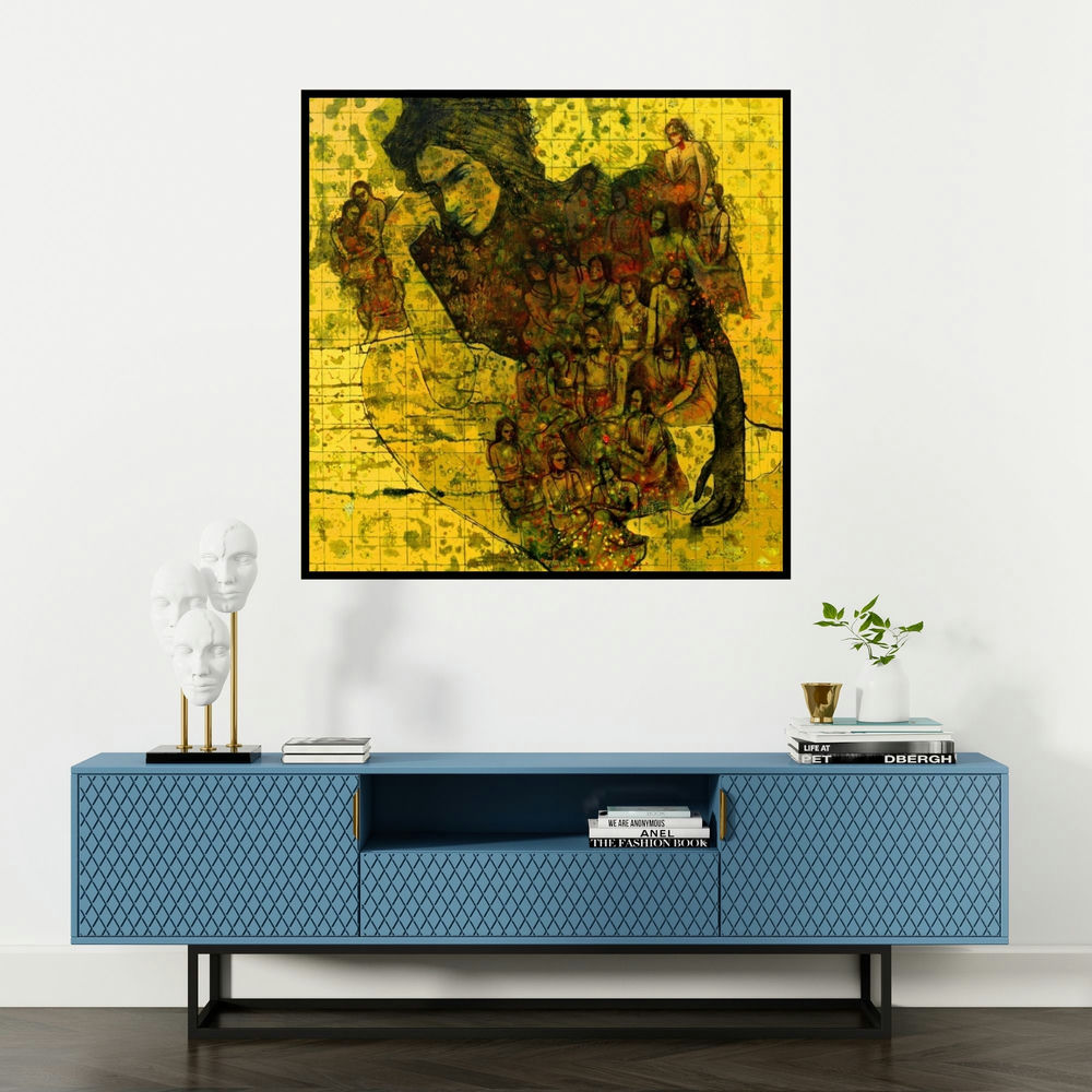 'Untitled 5 (Figure with Group)' painting by Swati Sable shown on a wall in a furnished room.