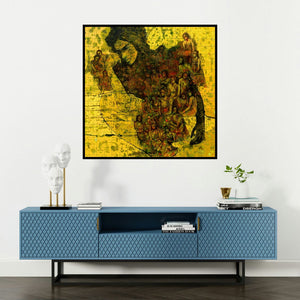 'Untitled 5 (Figure with Group)' painting by Swati Sable shown on a wall in a furnished room.