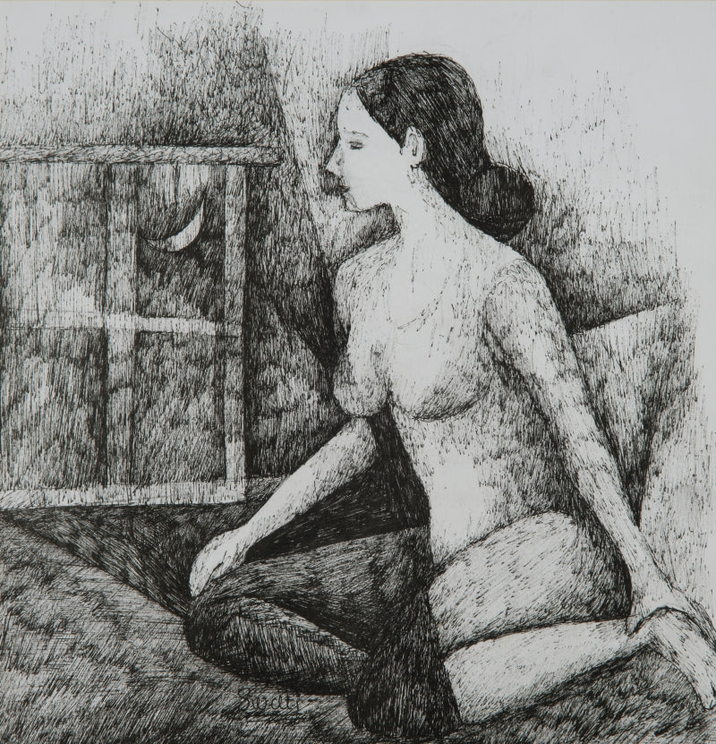 Untitled 5' figurative pen drawing by artist Swati Sabane, 12x12 inch, on paper