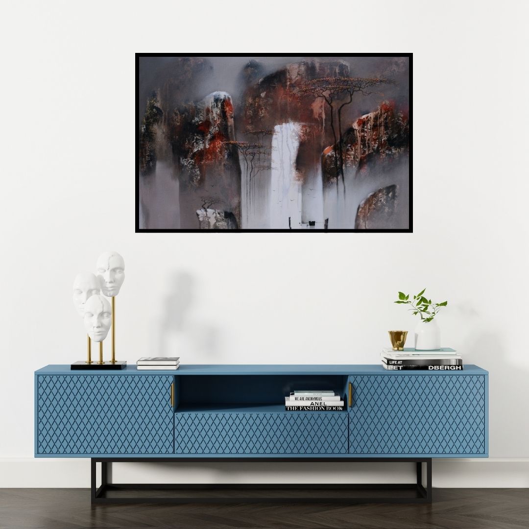 Preview of 'Untitled 5 (Veiled Falls)' Painting by Nagesh Hankare shown on a wall in a furnished room.