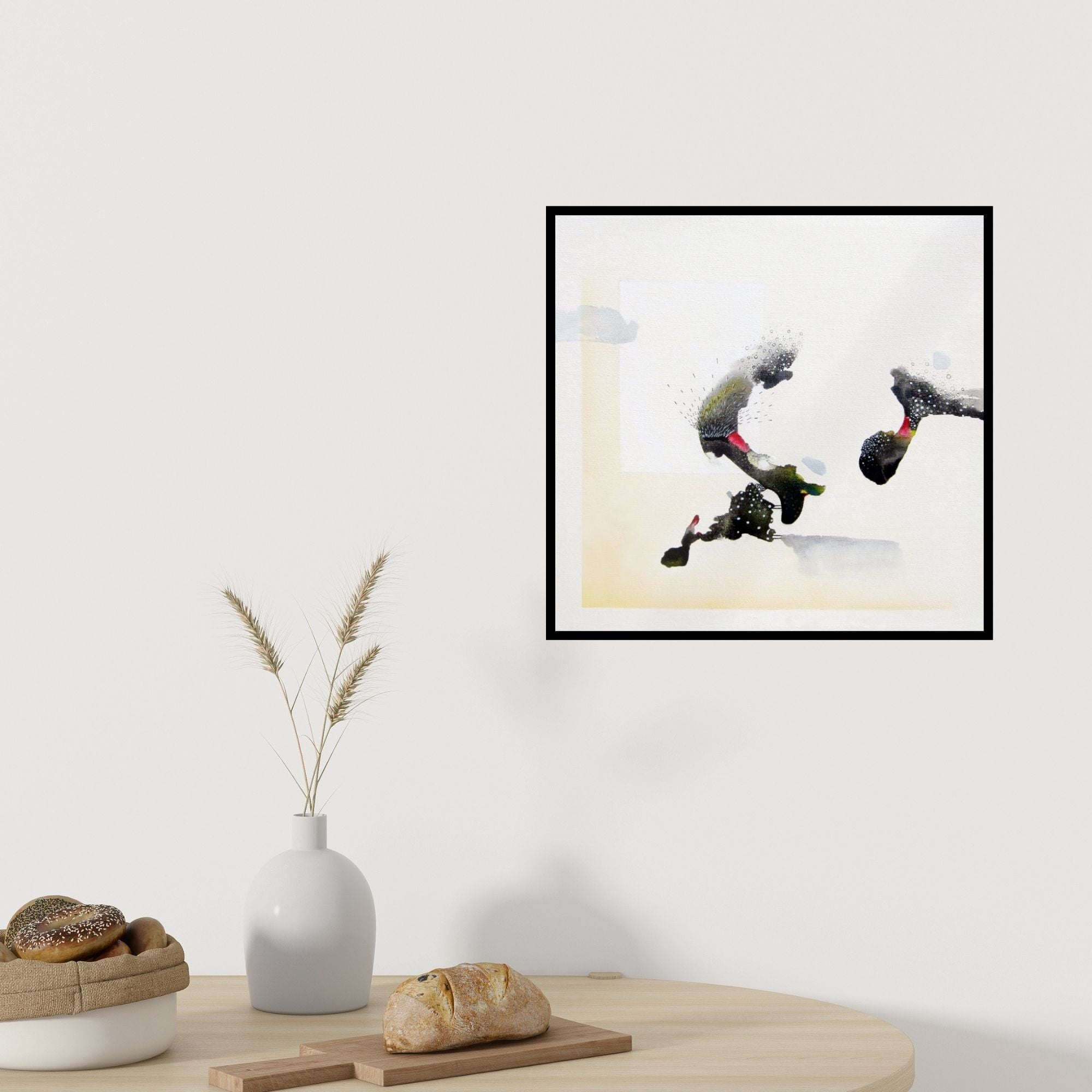 Preview of 'Untitled 5 (Celestial Echoes: An Abstract Composition)' Painting by Huma Khan shown on a wall in a furnished room.