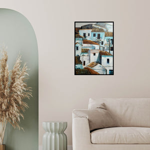 In-situ view of Rajashree Sutar's 'Untitled 5 (White and Blue Houses)' painting in a room