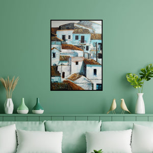 Preview of 'Untitled 5 (White and Blue Houses)' Painting by Rajashree Sutar shown on a wall in a furnished room.