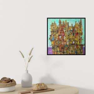 Preview of 'Untitled 5 (Urban Dreamscape)' Painting by Biswajit Mondal shown on a wall in a furnished room.