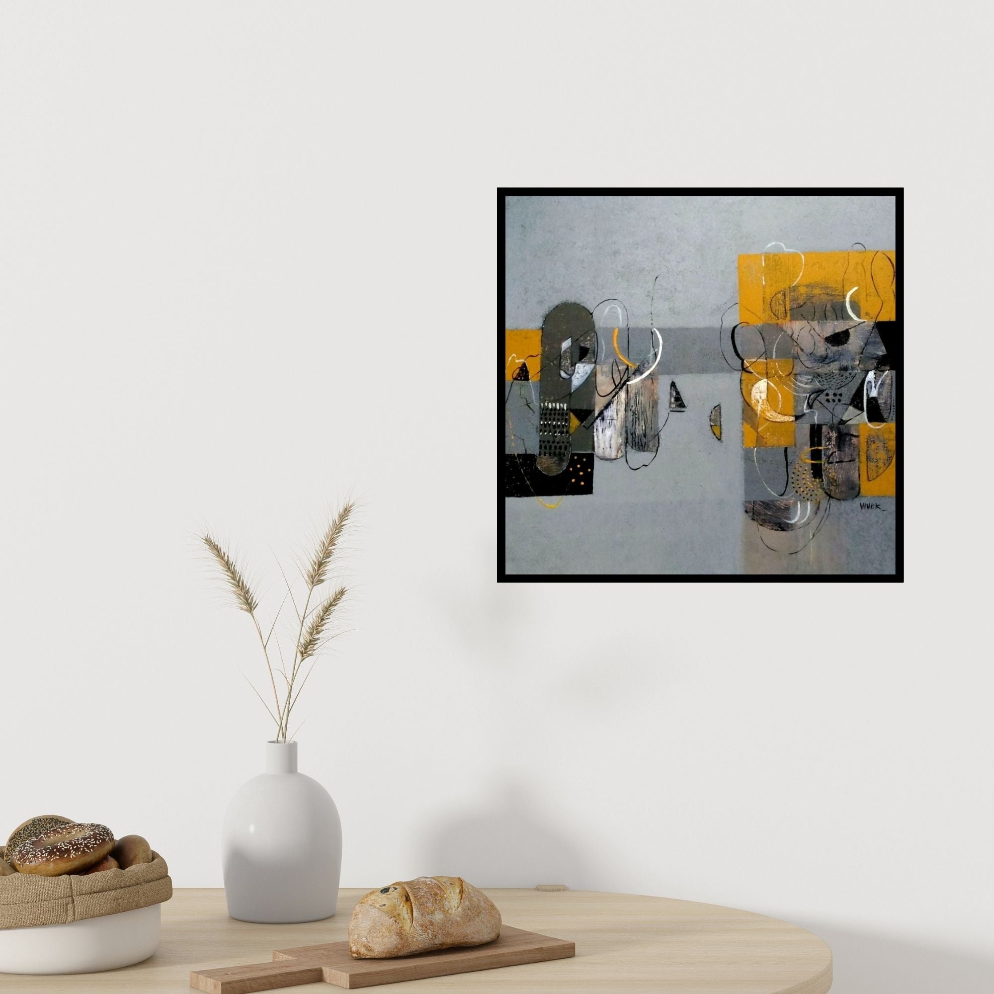 Preview of 'Untitled 5 (Gray and Gold Composition)' Painting by Vivek Nimbolkar shown on a wall in a furnished room.