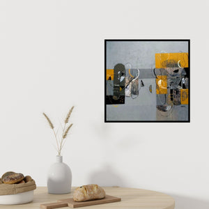Preview of 'Untitled 5 (Gray and Gold Composition)' Painting by Vivek Nimbolkar shown on a wall in a furnished room.