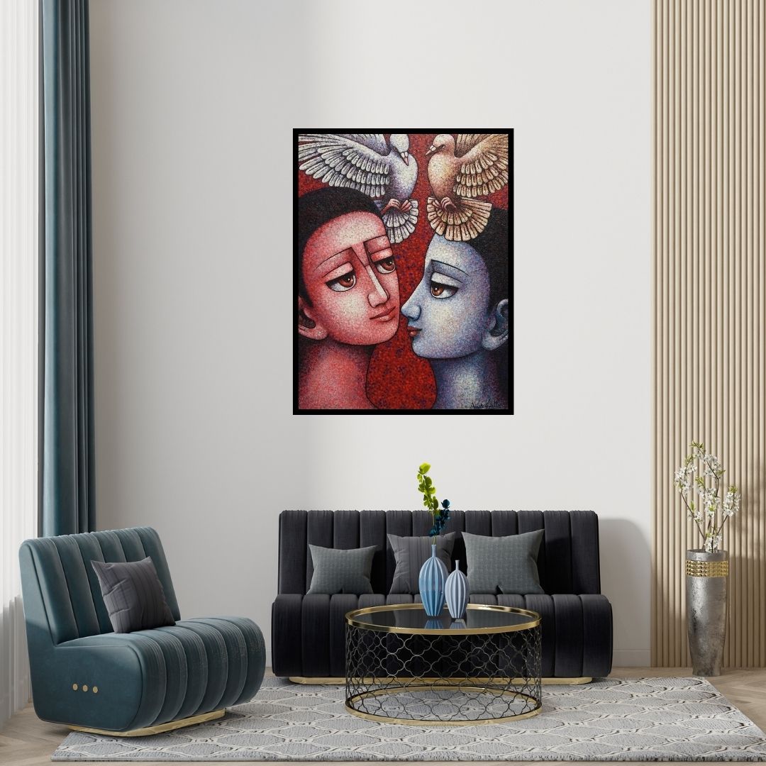 Preview of 'Untitled 5 (A Love Duet)' Painting by Amar Sultan shown on a wall in a furnished room.
