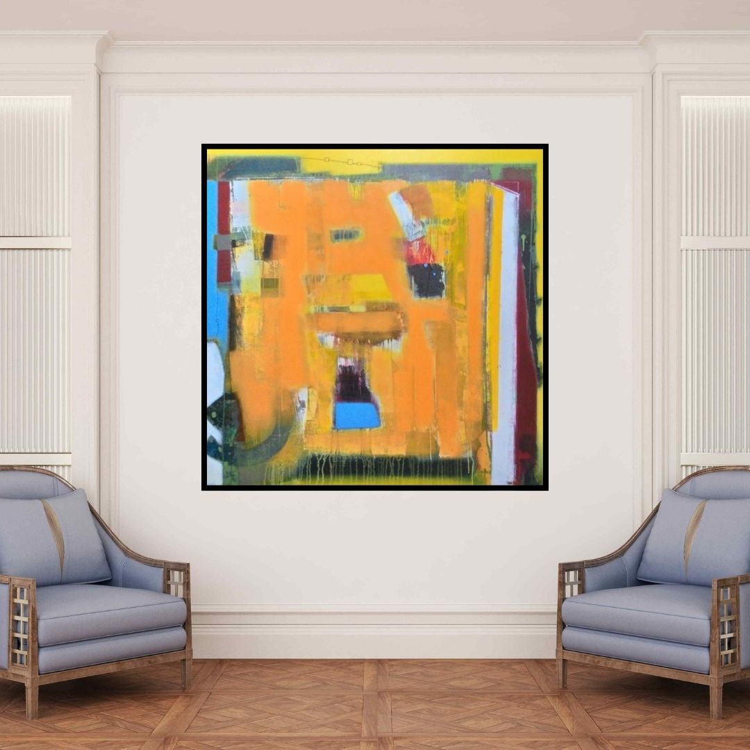 In-situ view of Sachin Pakhale's 'Untitled 5 (Abstract in Yellow and Orange)' painting in a room