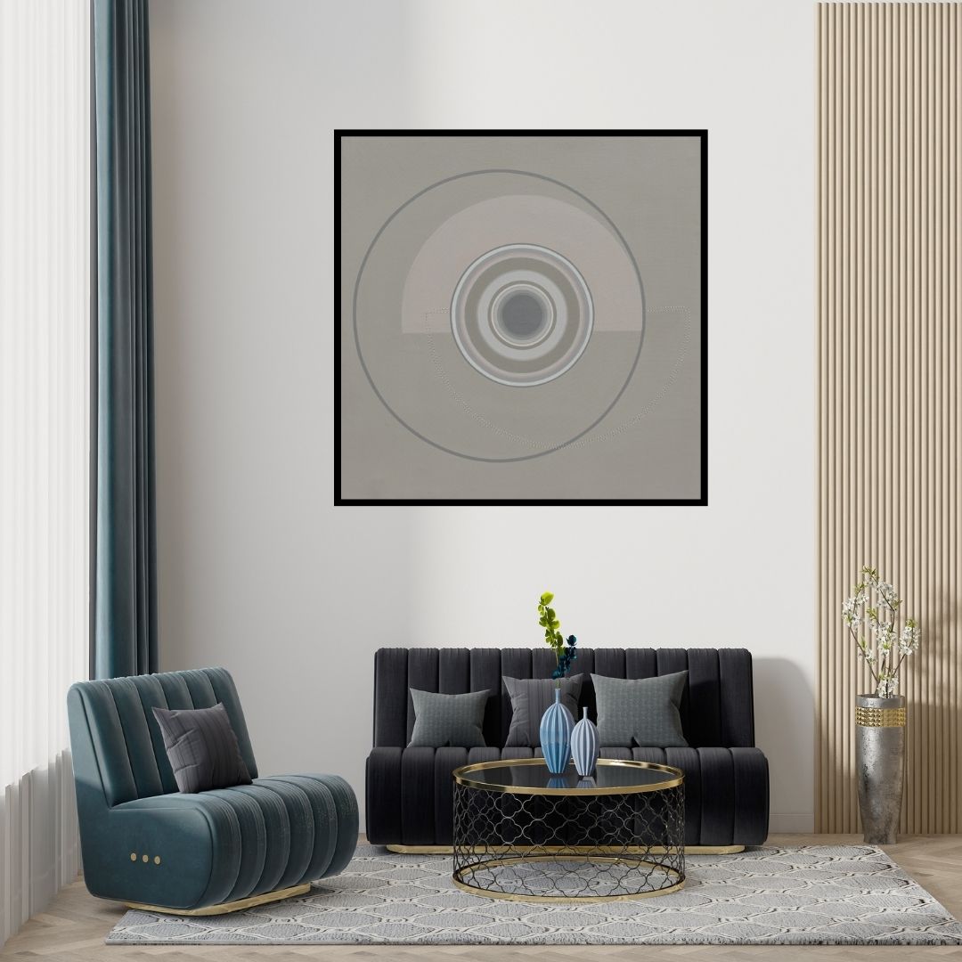 Preview of 'Untitled 5 (Eye of the Universe)' Painting by Dhruti Mahajan shown on a wall in a furnished room.