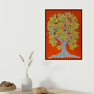 Venkat Shyam's 'Untitled 5 (The Avian Abode)' painting visualized above a sofa in a contemporary room.