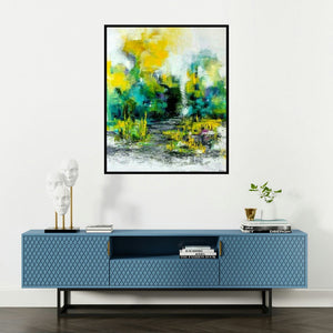 Kamran Azim's 'Untitled 5 (Abstract Landscape with Yellow and Green)' painting visualized above a sofa in a contemporary room.