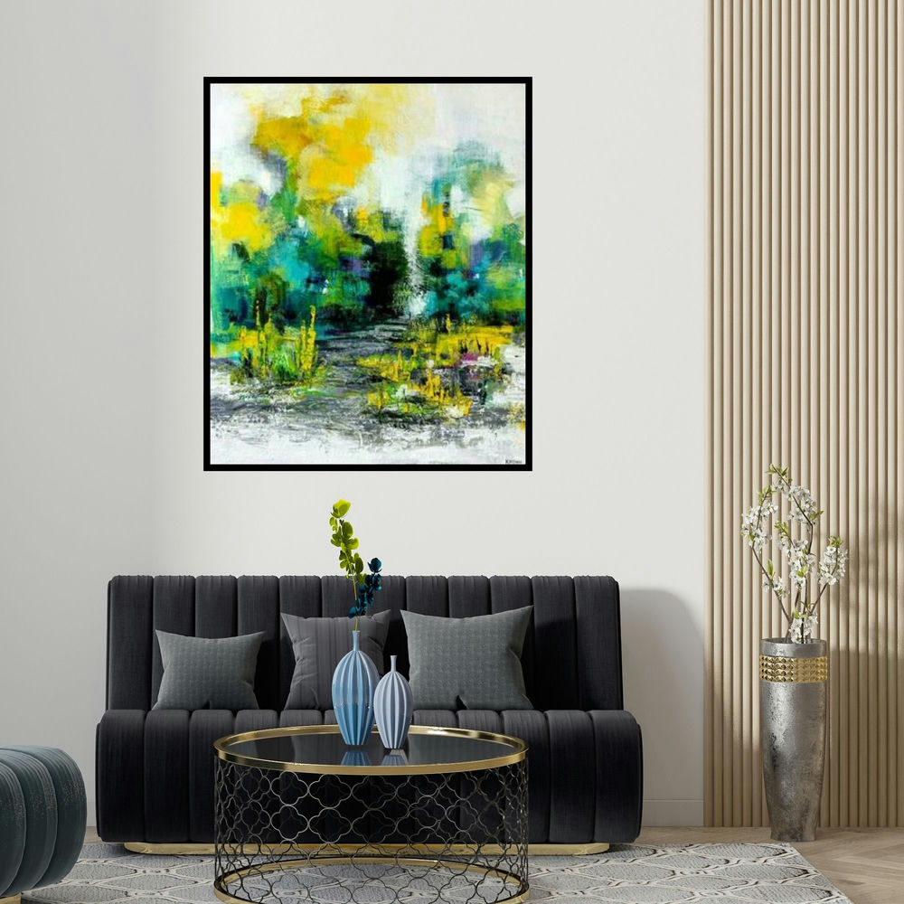 'Untitled 5 (Abstract Landscape with Yellow and Green)' painting by Kamran Azim shown on a wall in a furnished room.