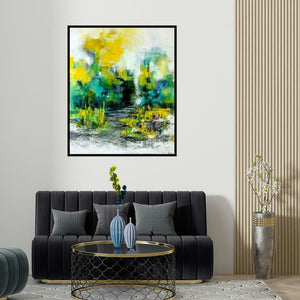 'Untitled 5 (Abstract Landscape with Yellow and Green)' painting by Kamran Azim shown on a wall in a furnished room.
