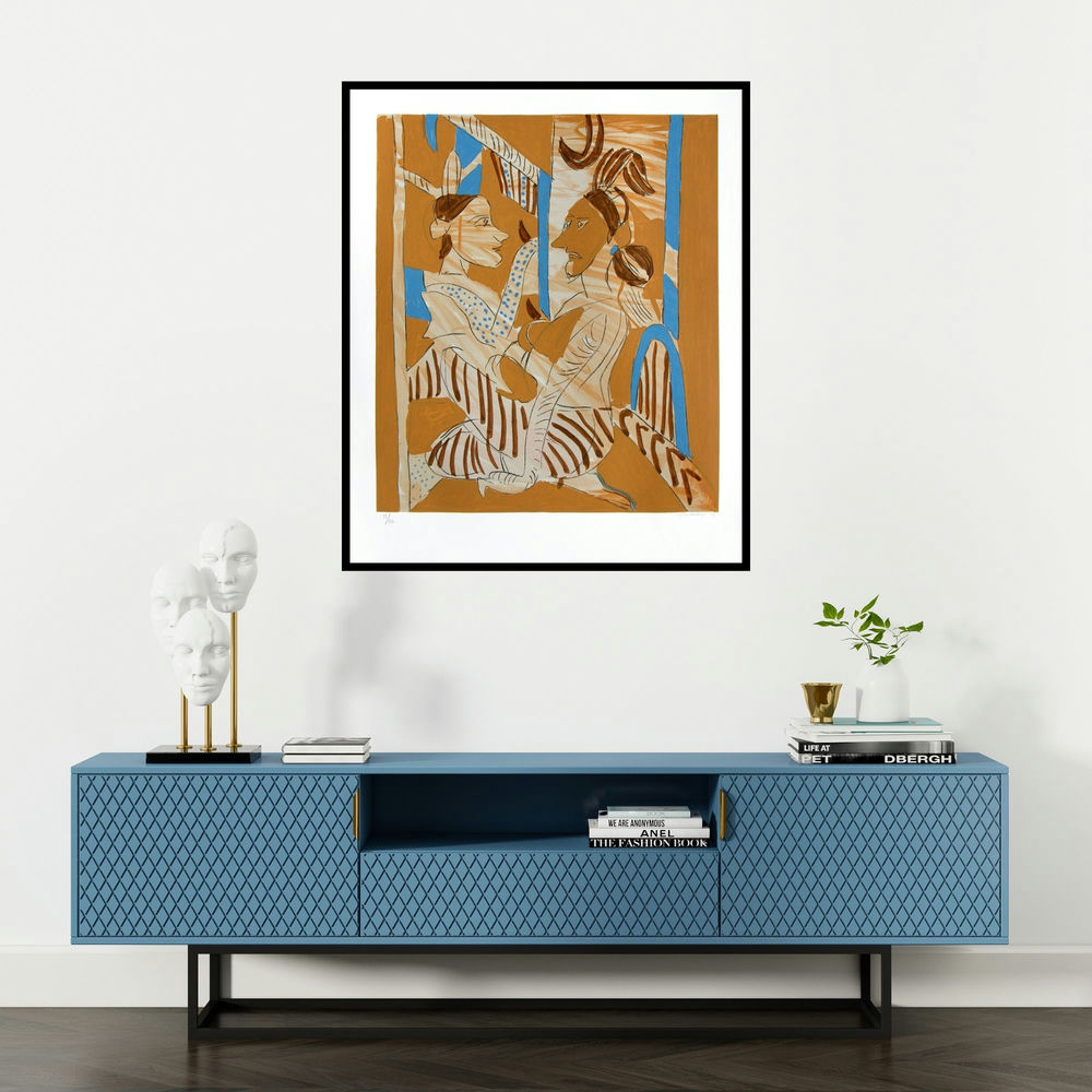 K G Subramanyan's 'Untitled 5 (Mythological Encounter)' painting visualized above a sofa in a contemporary room.