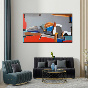Vikas Malhara's 'Untitled 5 (Urban Rhythms)' painting visualized above a sofa in a contemporary room.