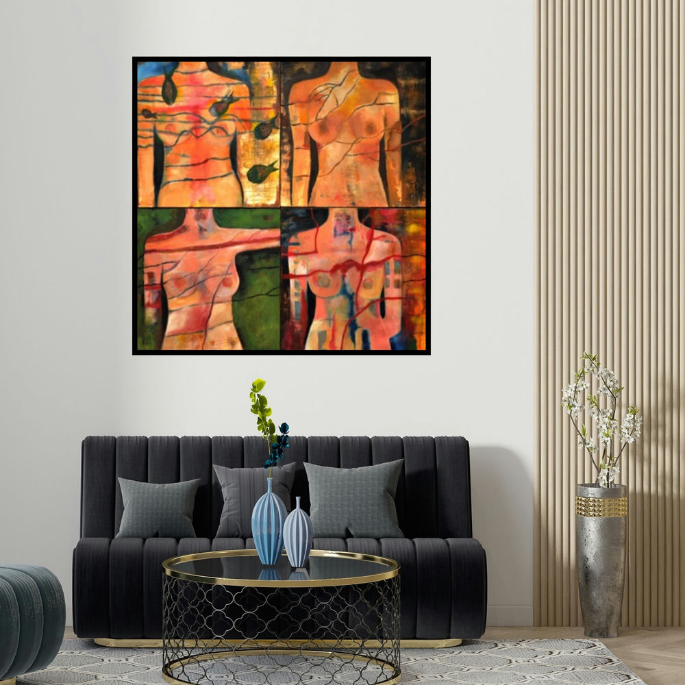 Sunayana Malhotra's 'Untitled 5' painting visualized above a sofa in a contemporary room.