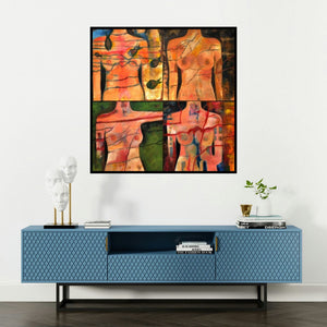 'Untitled 5' painting by Sunayana Malhotra shown on a wall in a furnished room.