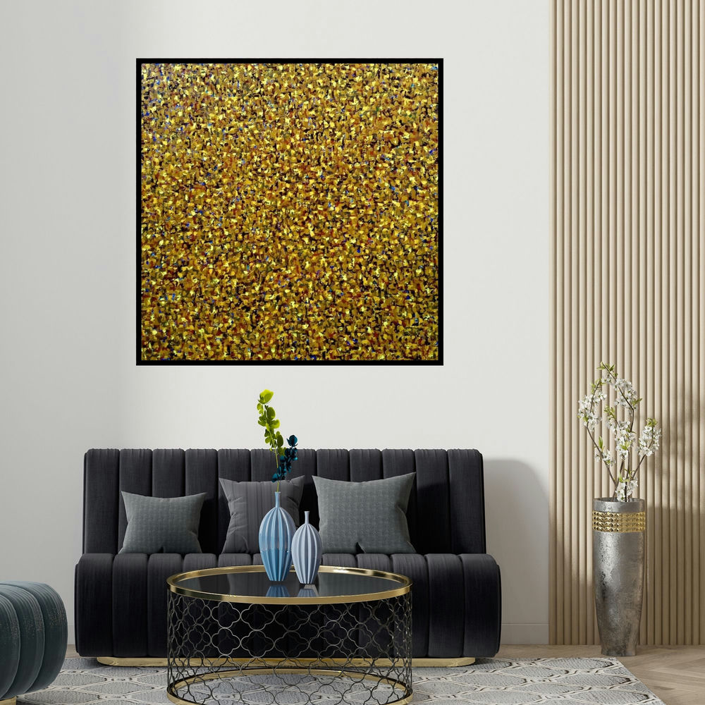 Vinit Kumar's 'Untitled 5 (A Tapestry of Gold)' painting visualized above a sofa in a contemporary room.