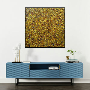 'Untitled 5 (A Tapestry of Gold)' painting by Vinit Kumar shown on a wall in a furnished room.
