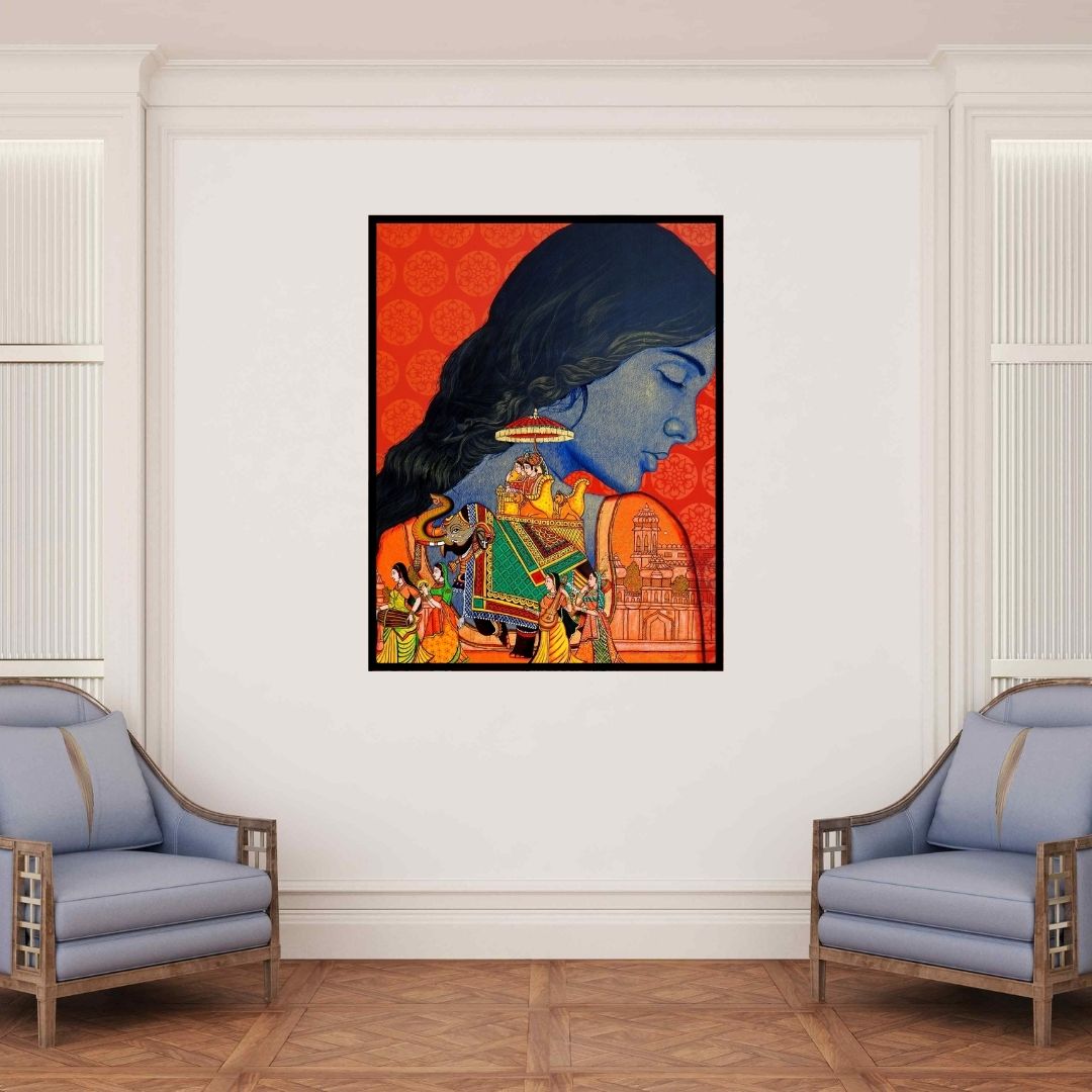 In-situ view of Deepali S's 'Untitled (Royal Reverie)' painting in a room