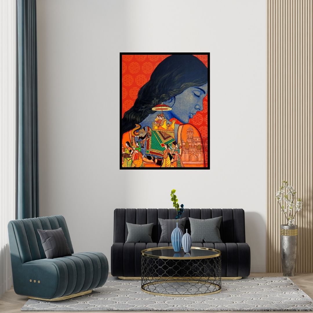 Preview of 'Untitled (Royal Reverie)' Painting by Deepali S shown on a wall in a furnished room.