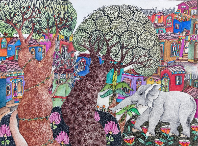 'Untitled 51' landscape mixed-media painting by artist Rajasekhar Komakula, 11x15 inch, on acid free paper