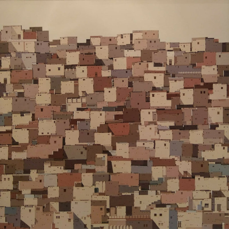 Untitled' cityscape acrylic painting by artist Madan Pawar, 72x72 inch, on canvas