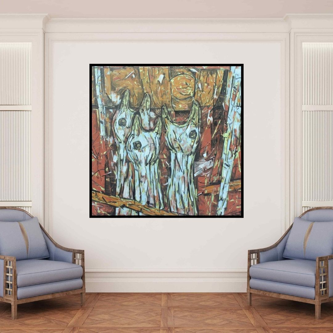 In-situ view of Santosh Patil's 'Untitled 52 (Heads of the Herd)' painting in a room