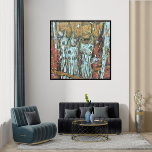 Preview of 'Untitled 52 (Heads of the Herd)' Painting by Santosh Patil shown on a wall in a furnished room.
