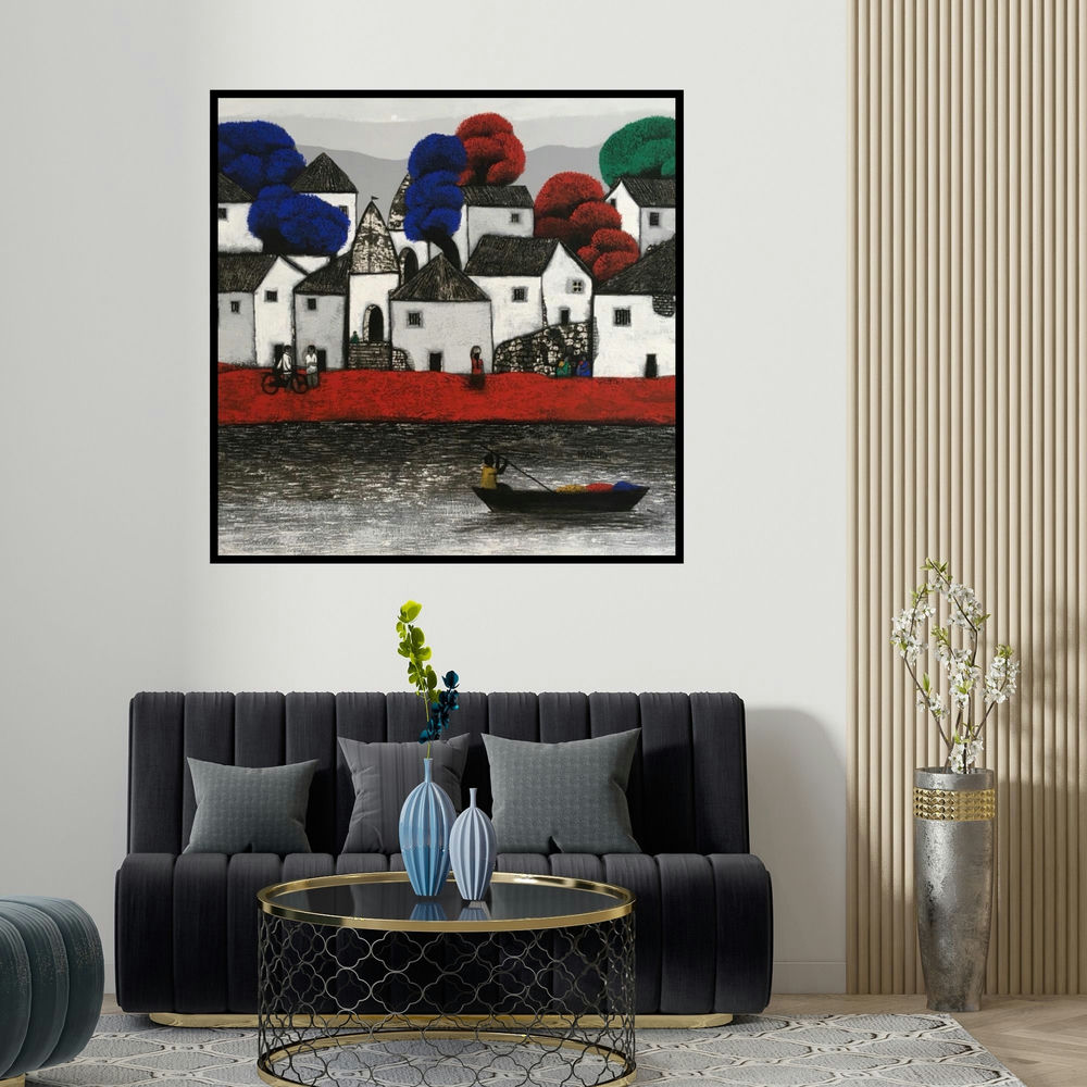 Nagesh Ghodke's 'Untitled 52 (A Vibrant Village Scene)' painting visualized above a sofa in a contemporary room.
