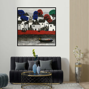 Nagesh Ghodke's 'Untitled 52 (A Vibrant Village Scene)' painting visualized above a sofa in a contemporary room.