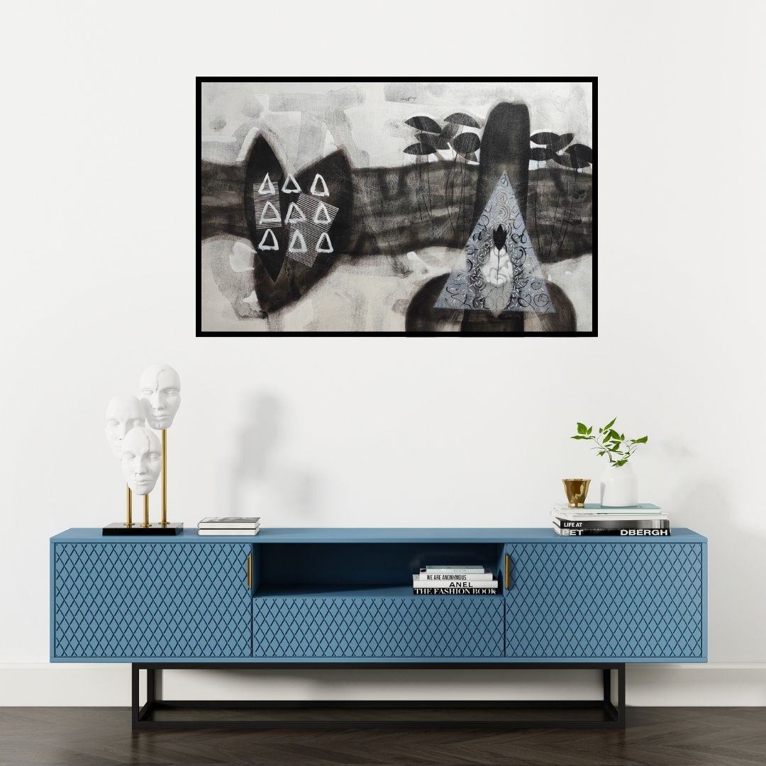 Preview of 'Untitled 52 (The Enigma Within)' Painting by Narendra Jatav shown on a wall in a furnished room.