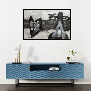 Preview of 'Untitled 52 (The Enigma Within)' Painting by Narendra Jatav shown on a wall in a furnished room.