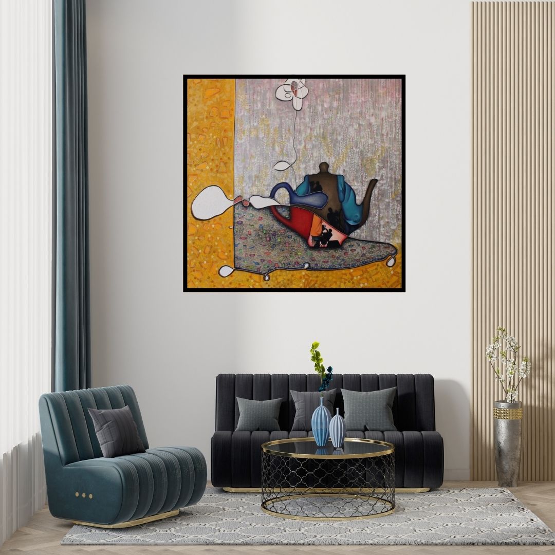 Preview of 'Untitled 52 (A World Within a Teapot)' Painting by Sangeeta Singh shown on a wall in a furnished room.