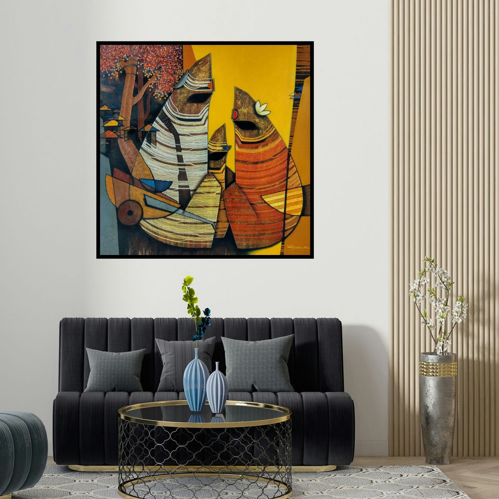 Rahul Dangat's 'Untitled 52' painting visualized above a sofa in a contemporary room.