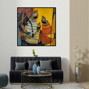 Rahul Dangat's 'Untitled 52' painting visualized above a sofa in a contemporary room.