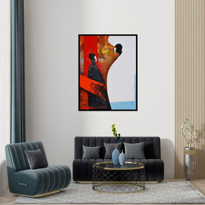 Preview of 'Untitled (Duality of Self: A Divided Reflection)' Painting by Narayan Shelke shown on a wall in a furnished room.
