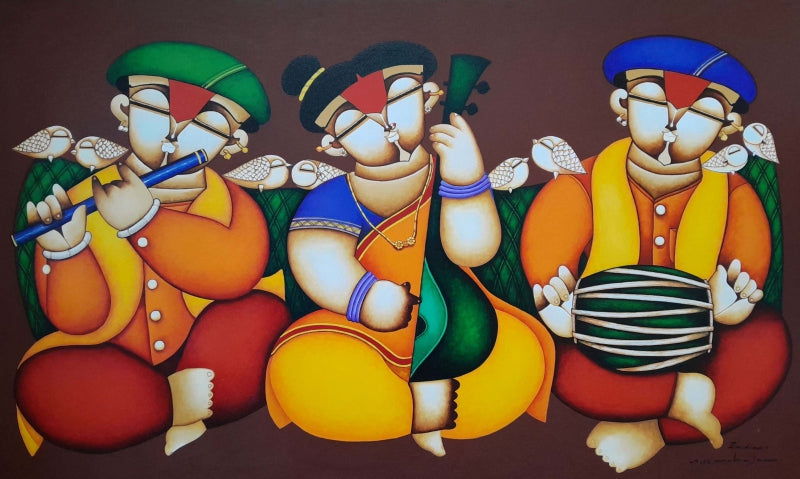 Untitled' figurative acrylic painting by artist Arvind R Mahajan, 36x60 inch, on canvas