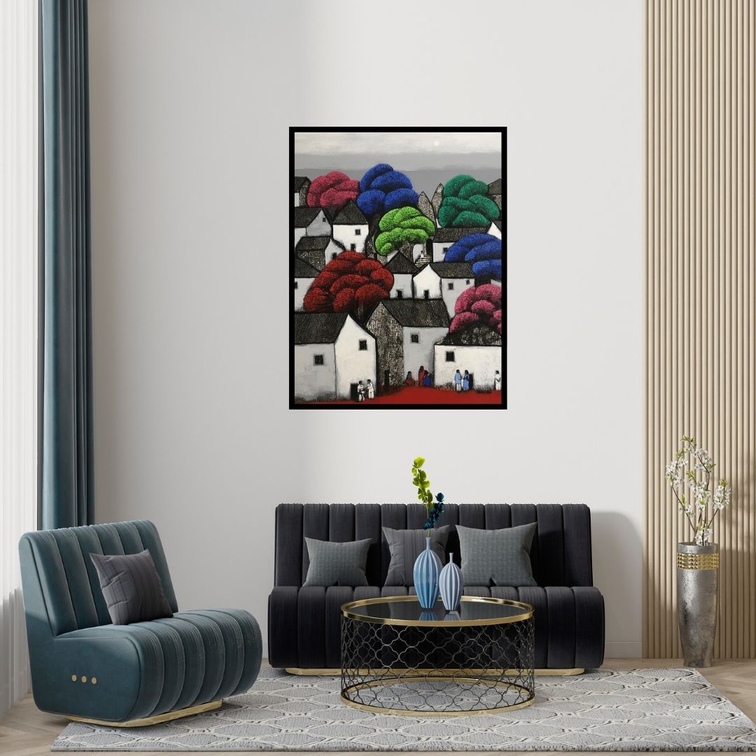 Preview of 'Untitled 53' Painting by Nagesh Ghodke shown on a wall in a furnished room.