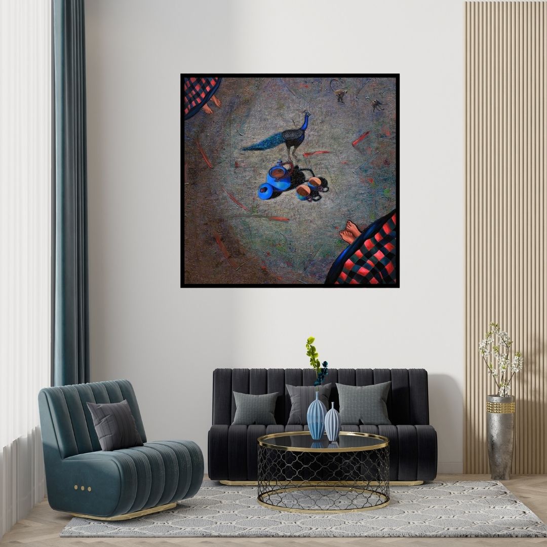 Preview of 'Untitled 53 (A Peacock's Tea Party)' Painting by Sangeeta Singh shown on a wall in a furnished room.